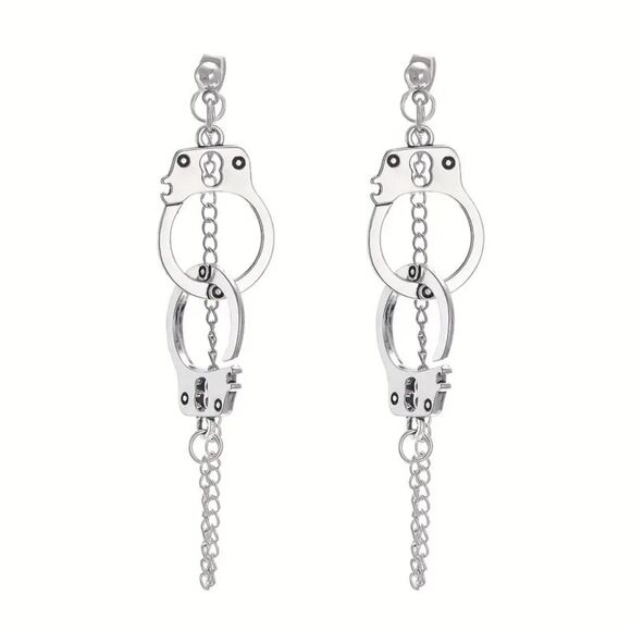 Chic, BOLD Punk Edgy Unique Silver Tone Handcuff Chain Dangle Earrings - Picture 3 of 5